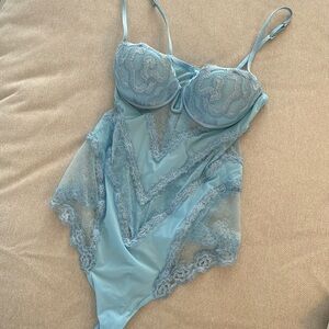 La Perla Baby Blue Thong Bodysuit 34B Lace & Silk